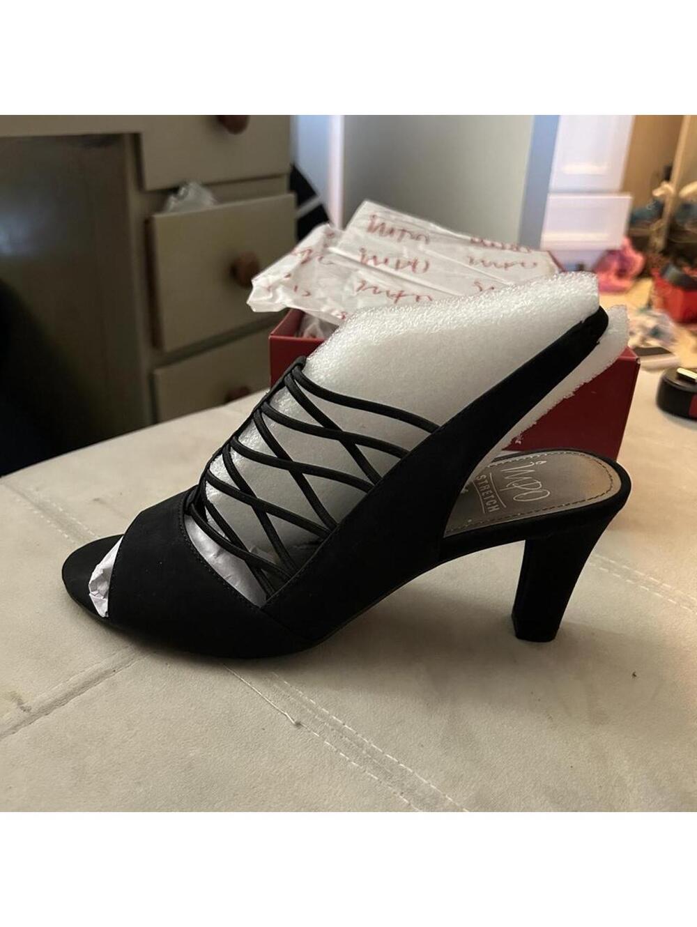 IMPO Black strappy peep toe suede 3” heels with criss-cross straps size 9.5